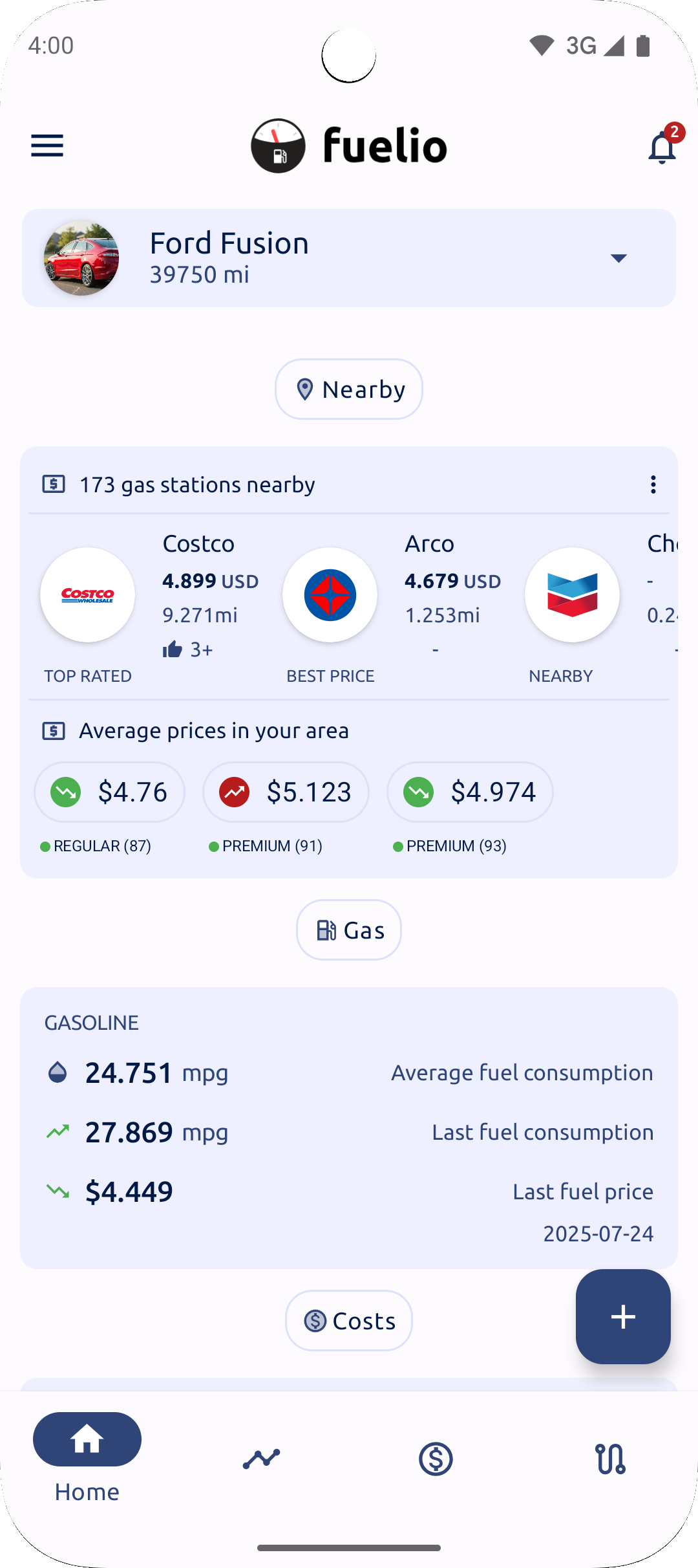 dashboard, fuel prices, nearby gas stations