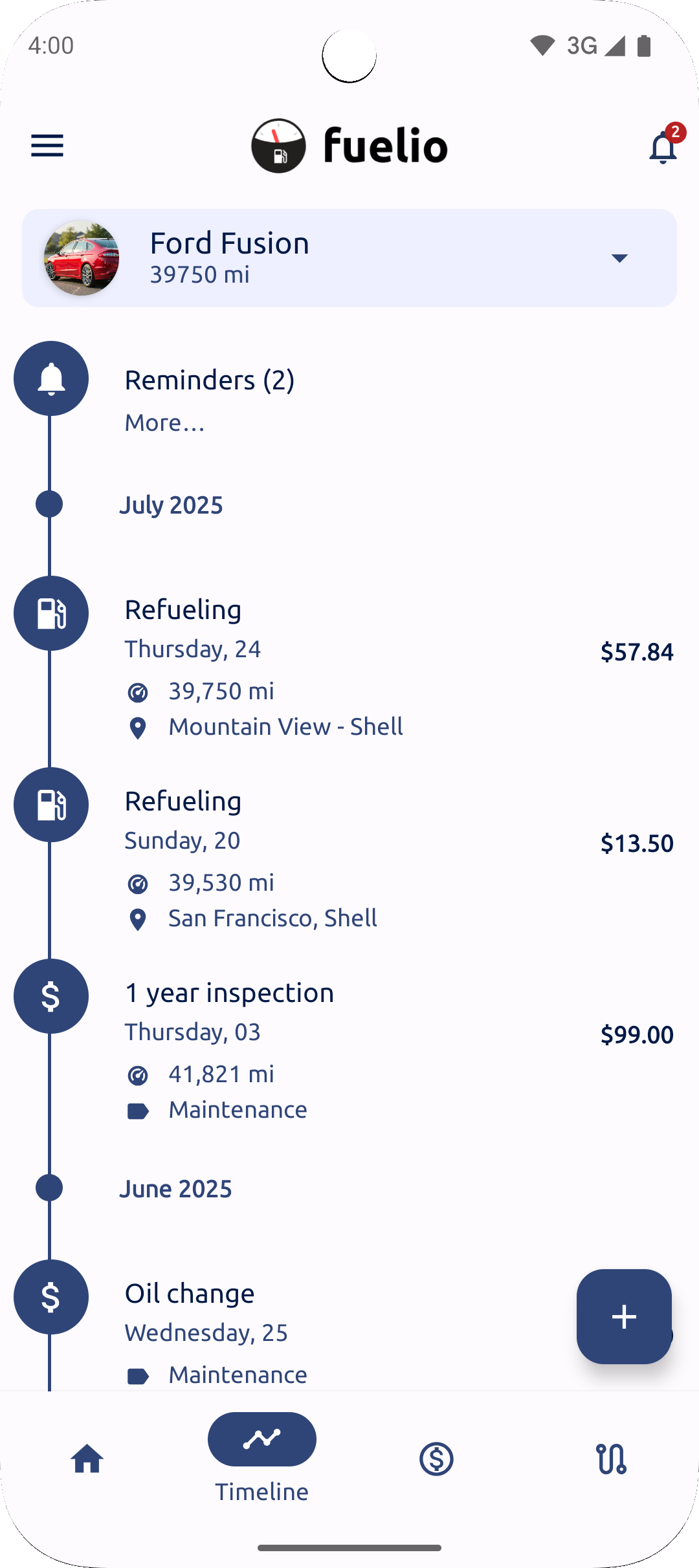 timeline - fuel log and costs