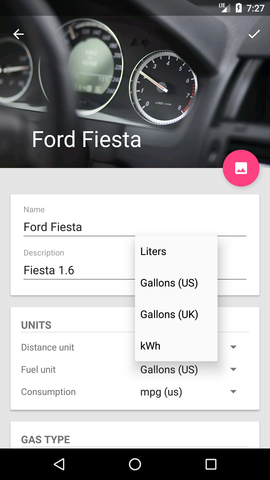 vehicle settings, gallons, litres, consumption